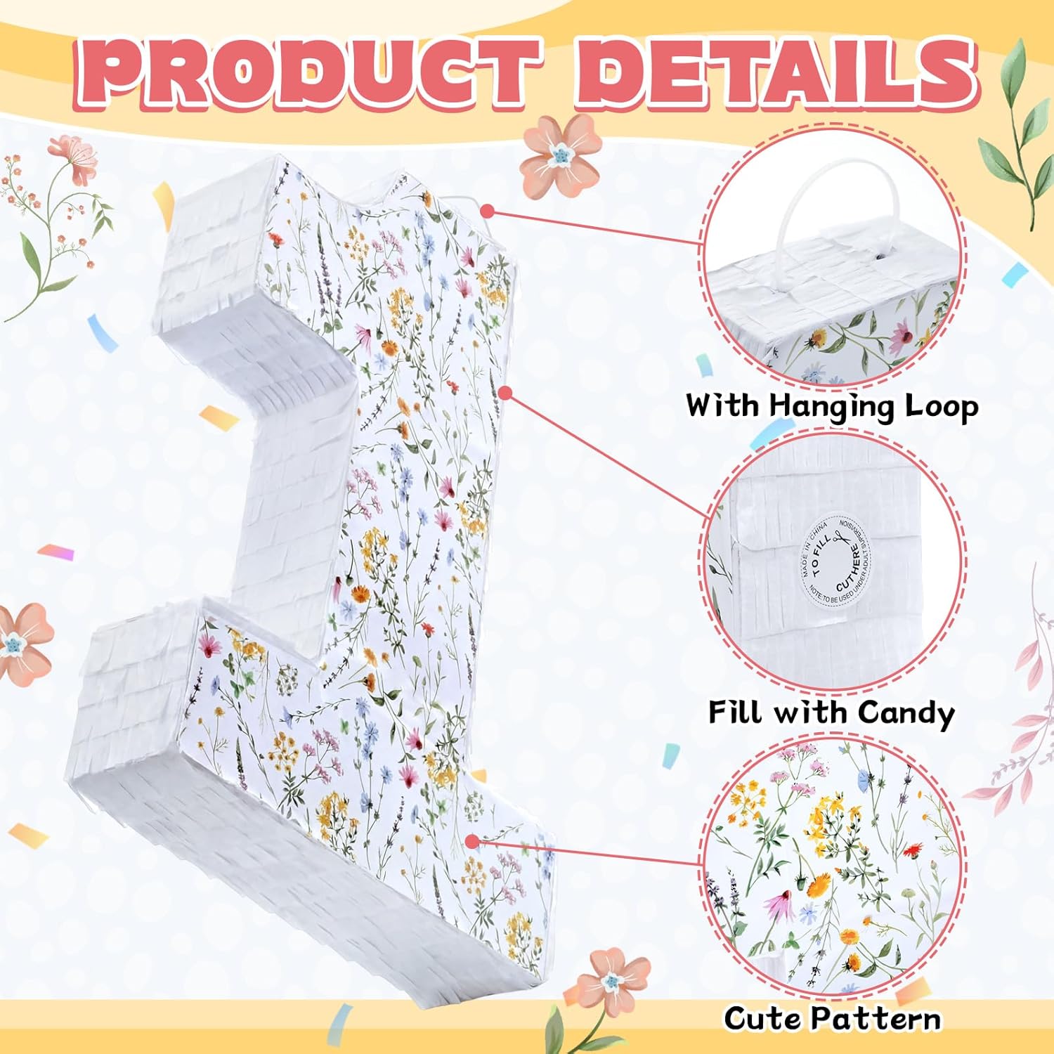 Wildflower Number Pinata Birthday Decorations Spring Floral Pinata with Stick Blindfold Confetti for Birthday Party Supplies Baby Shower Decor (Number 1)