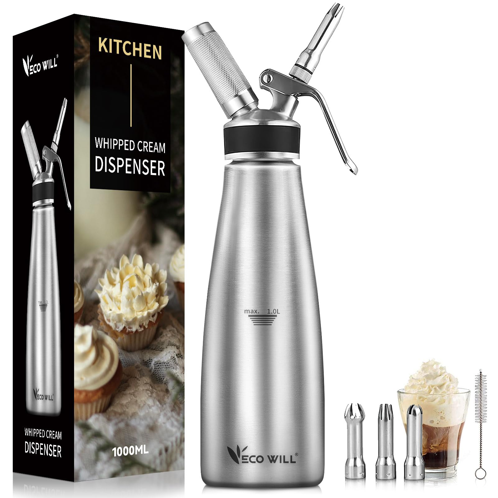 Professional Stainless Steel Cream Whipper, 1000ml – For Perfect Whipped Cream, Dessert Mousses, Cocktails &amp; More – Easy to Use &amp; Clean (Stainless Steel 1L)