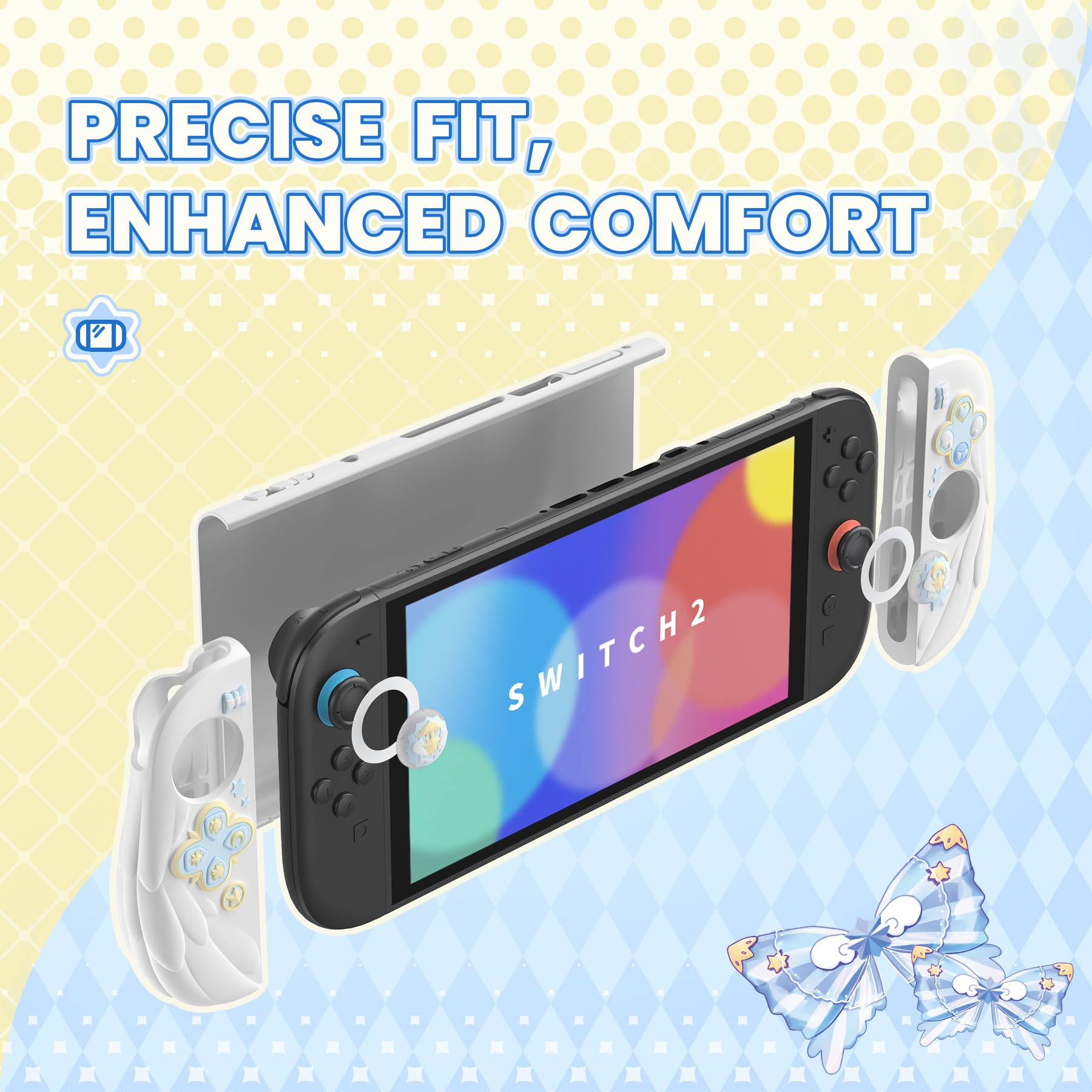 PlayVital Cover Silicone per Joycon 2, Custodia Protettiva Dockable Rigida per Nintendo Switch 2 Console&Supporto Regolabile Extra&Copri Analogici Carini, Anime Ali Magiche-Bianco