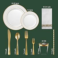 Vista 3 de Vajilla de plástico desechable con borde dorado de 225 piezas + 6 manteles rectangulares de plástico desechables de 54 x 108 pulgadas Mantel