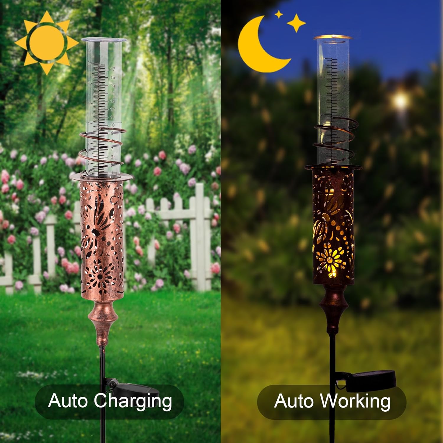Copper Solar Rain Gauge Outdoor and 14" Copper Sun Metal Outdoor Thermometer for Garden Patio Home Decor