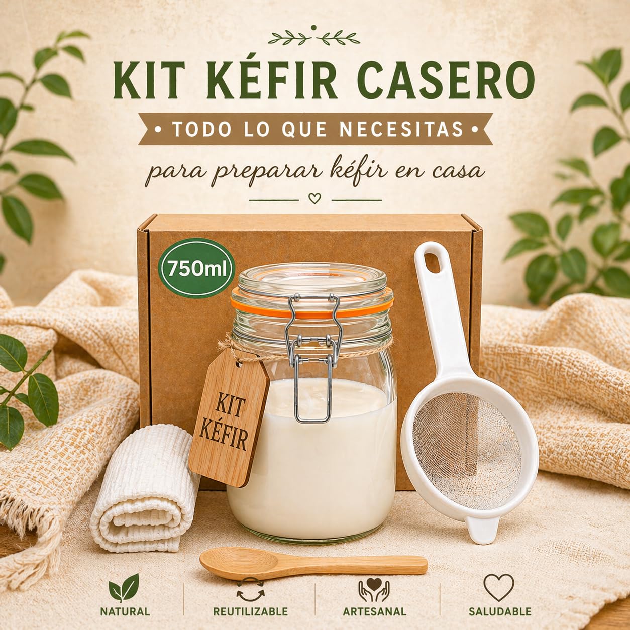 Kit kefir casero - MAGIC RAINBOW - Tarro de cristal con tapa 750 ml colador plástico cuchara madera paño textil y caja de inicio para preparación doméstica - Sin kéfir incluido — view 7