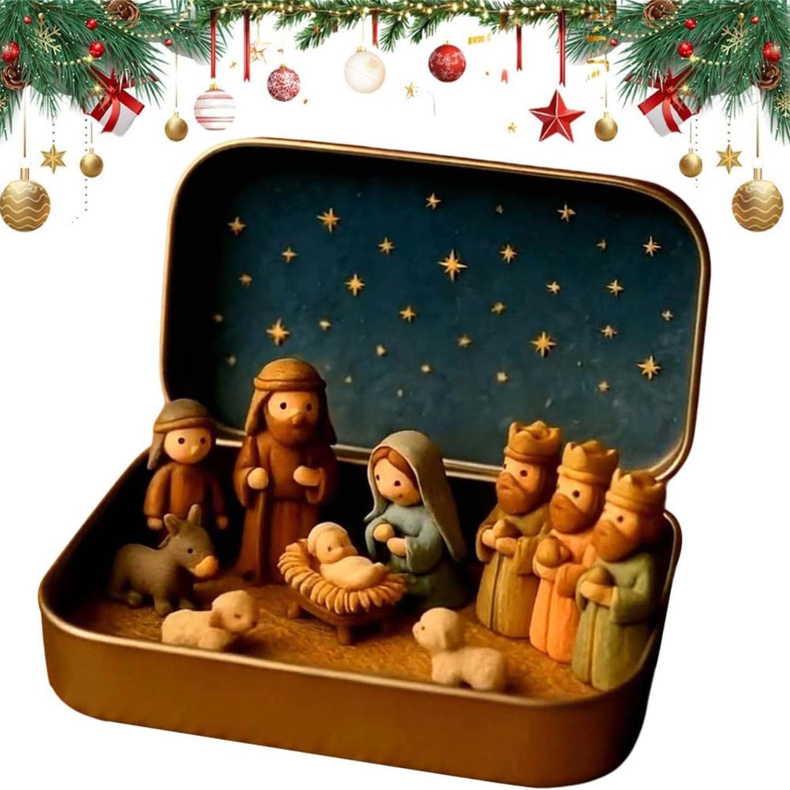 Mini Nativity Easter Decorations, Mini Travel 3D Nativity Scene Set in Tin Box, Portable Pocket Easter Decor with Resin Figurines, Religious Decor for Home, Desk, Church (1Pc)