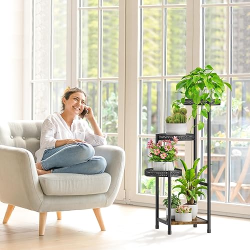 Miniatura 7 de Soporte de 4 niveles para plantas en interiores, soporte alto de metal para plantas al aire libre para múltiples plantas, moderno estante de esquina