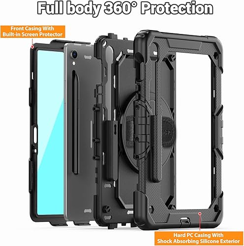 Miniatura 5 de SEYMAC Funda para Samsung Galaxy Tab S9 FE 5G 2023, resistente a prueba de golpes, con protector de pantalla, soporte giratorio, correa de mano y