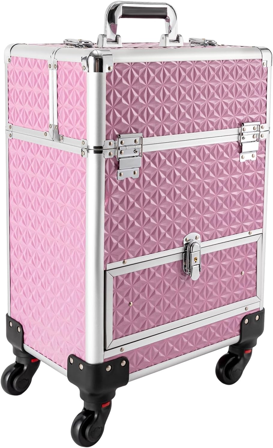Rolling Makeup Case Cosmetic Travel Cart Storage with Wheels Barber Case Salon Lockable Travel Trolley Case for Nail Technicians Beauty Case with Compartments (Pink)