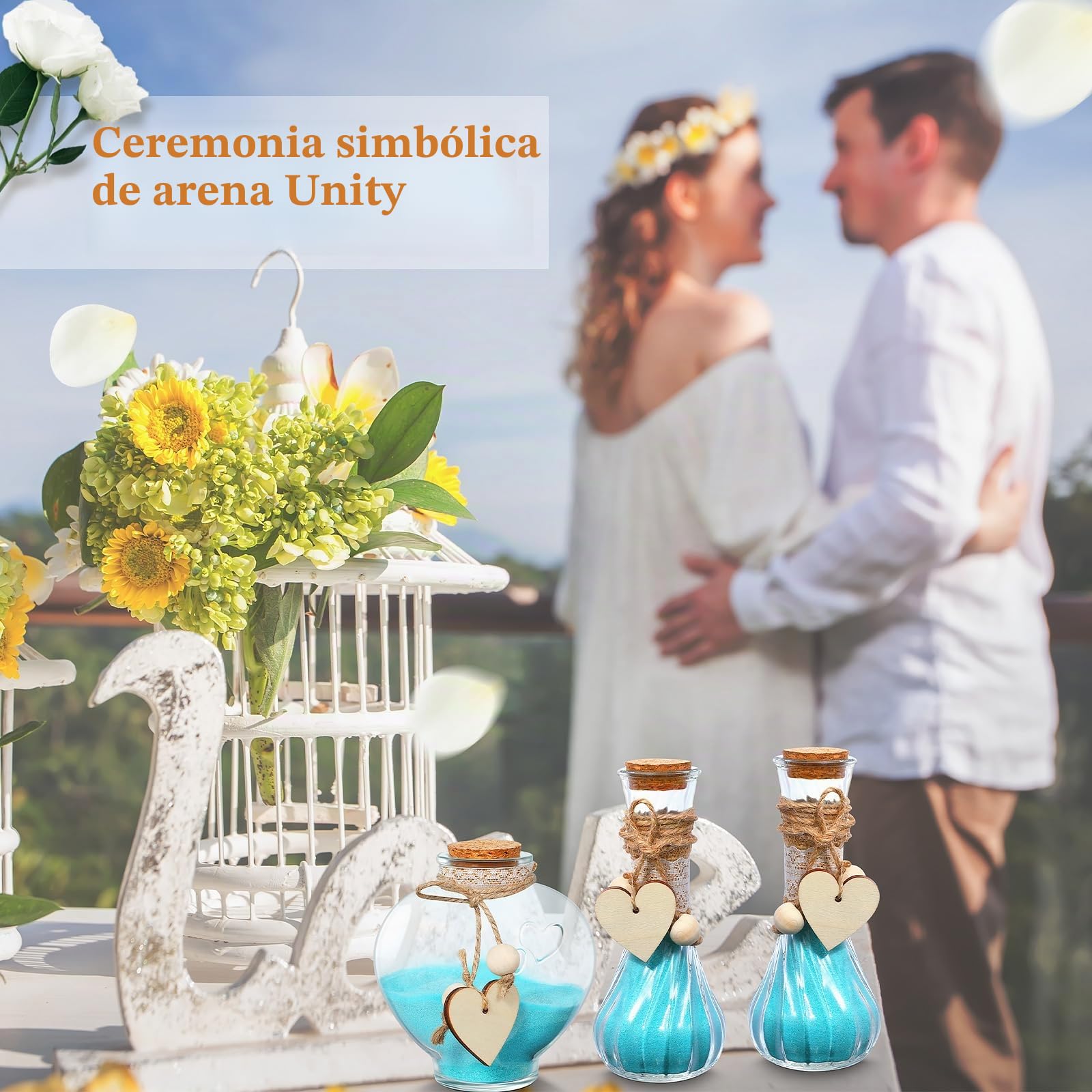 Layhit El juego de ceremonia de arena de Unity incluye 3 jarrones decorativos con mangas de arpillera y encaje y cuerda de cáñamo de madera, kit de ceremonia personalizado para centro de mesa de boda
