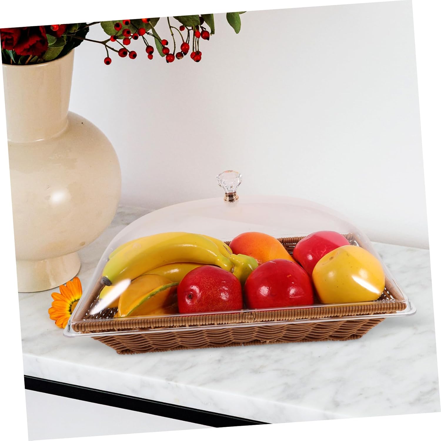 1 Set Woven Storage Basket with Transparent Lid Medium Food Grade Container for Serving Bread Fruits and Snacks for Parties and Kitchen Organization