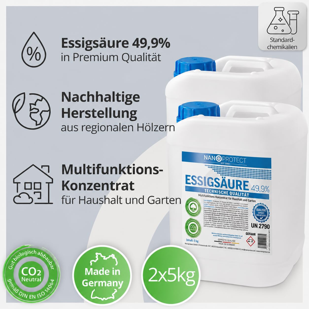 Nanoprotect Essigsäure 49,9% Klimaneutral - 10 kg | Ideal als Reiniger und Entkalker | Für Haus und Garten | Premium Qualität – Made in Germany