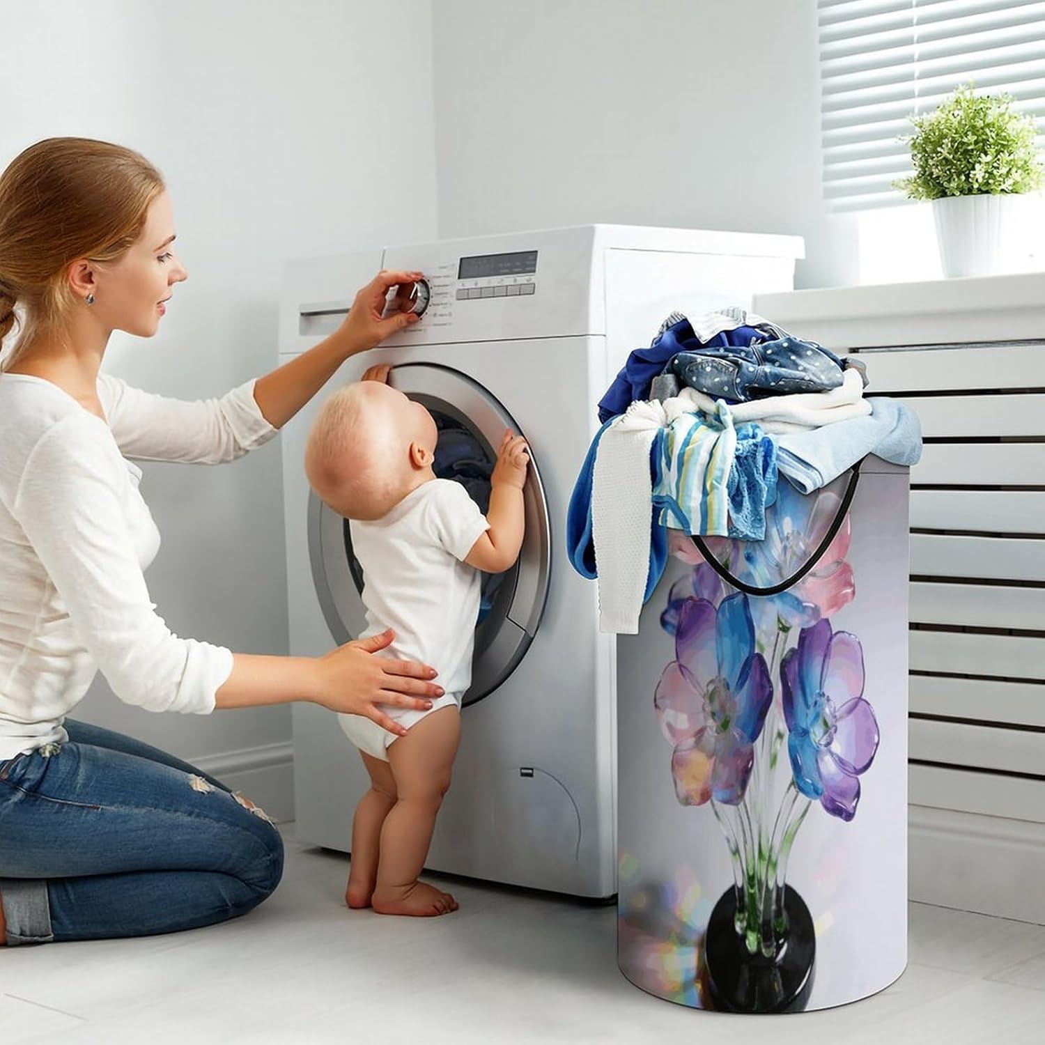 Colored Glass Flowers Laundry Hamper 86L Waterproof Collapsible Clothes Basket with Double Handles Freestanding Foldable Laundry Basket Large Clothes Hamper for Bathroom