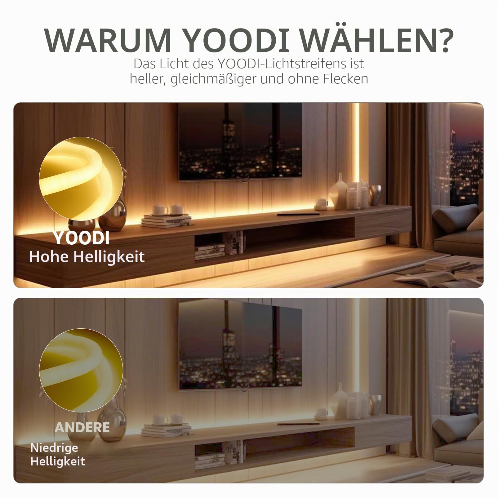 YOODI Neon LED Strip Neutralweiß 10m, Led Lichtband für Außenbereich IP65 Wasserdicht, Schneidbare Rundes Rohr Flexibel Outdoor LED Streifen 230V für Haus, Zimmer, Garten, Party, Inklusive Netzteil