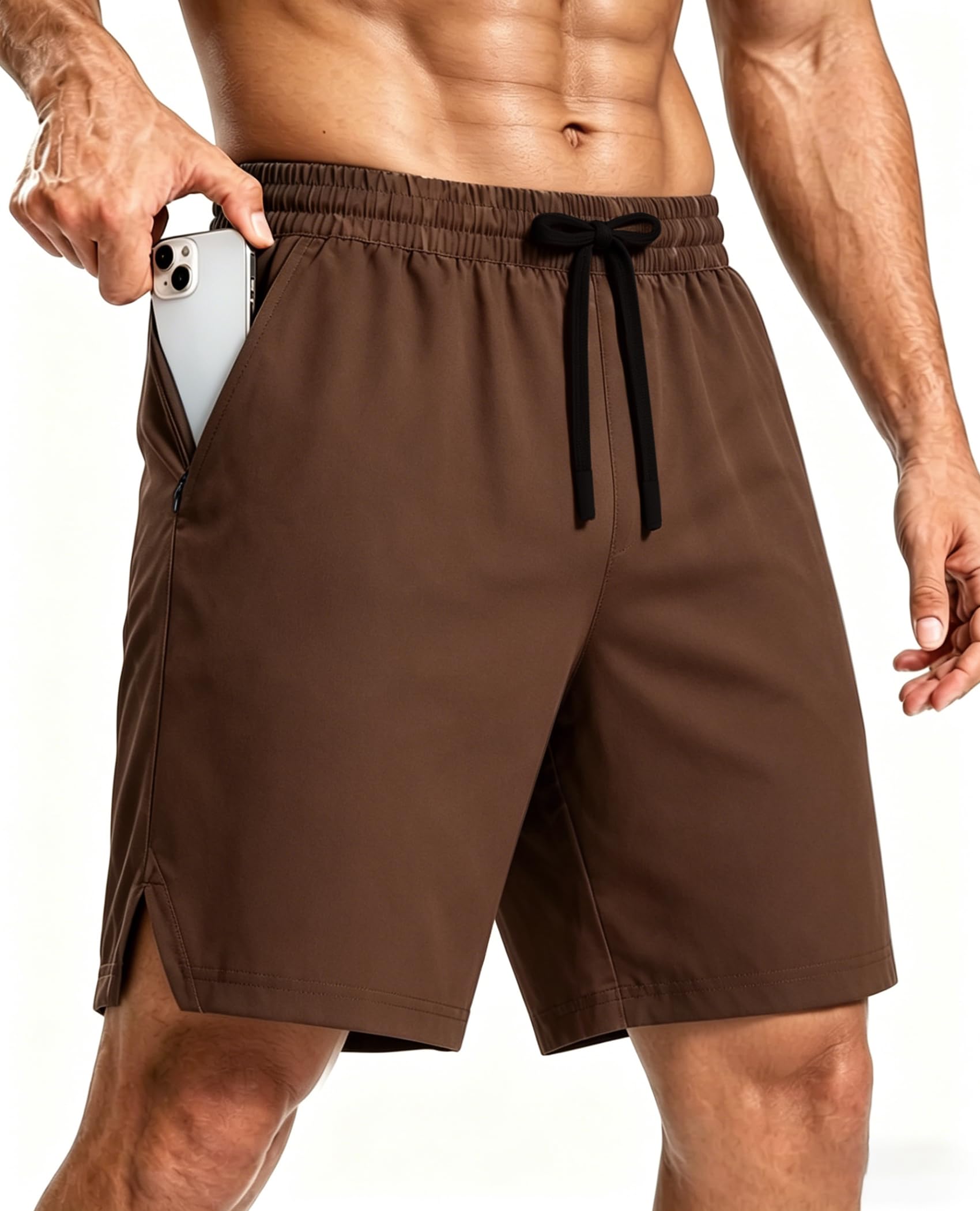 CoozySphere Mens Running Shorts with Phone Pocket Quick Dry Gym Shorts with Zip Pocket for Training Workout Coffee Brown