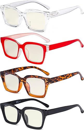 Eyekepper Paquete de 4 lentes de lectura para mujer, diseño cuadrado de gran tamaño para mujer, Bloqueador de luz azul, 4 pares