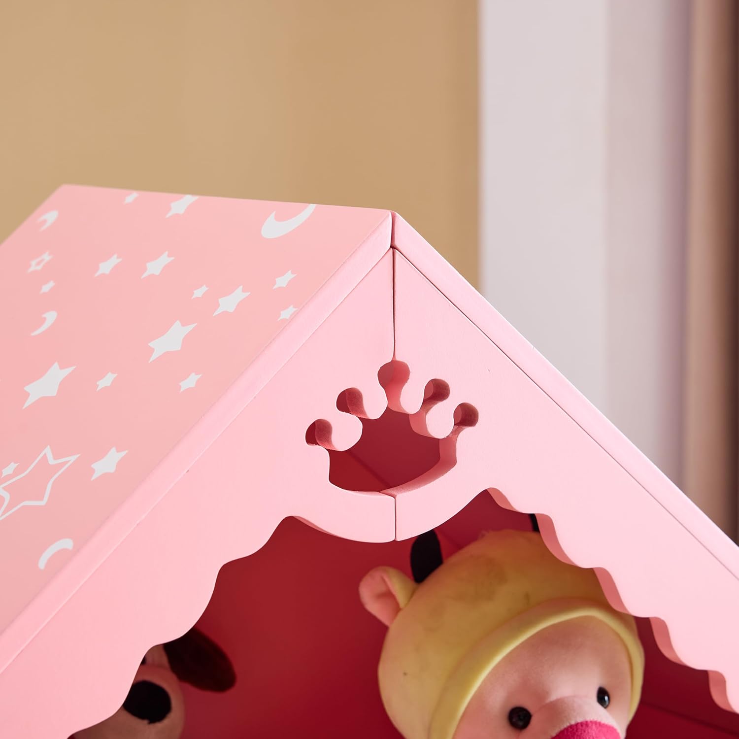 Karl home Dollhouse-Shaped Kids Dress Up Storage with Mirror & Cute Print, Princess Open Hanging Armoire Closet with Storage Shelves, Children Pretend Costumes Wardrobe Closet, Pink