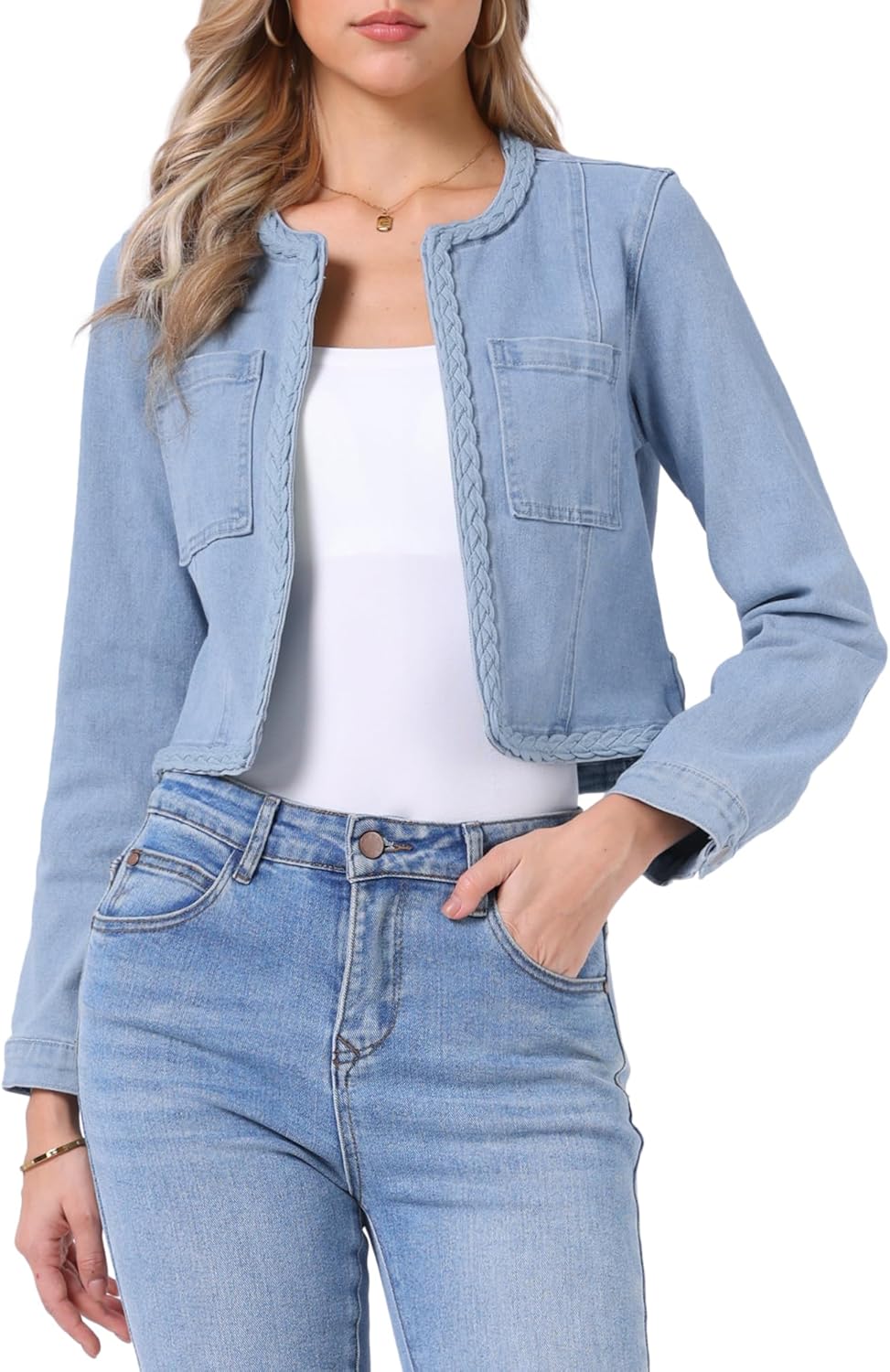 Allegra K Denim Jacket for Women Collarless Long Sleeve Open Front Cropped Jean Jackets