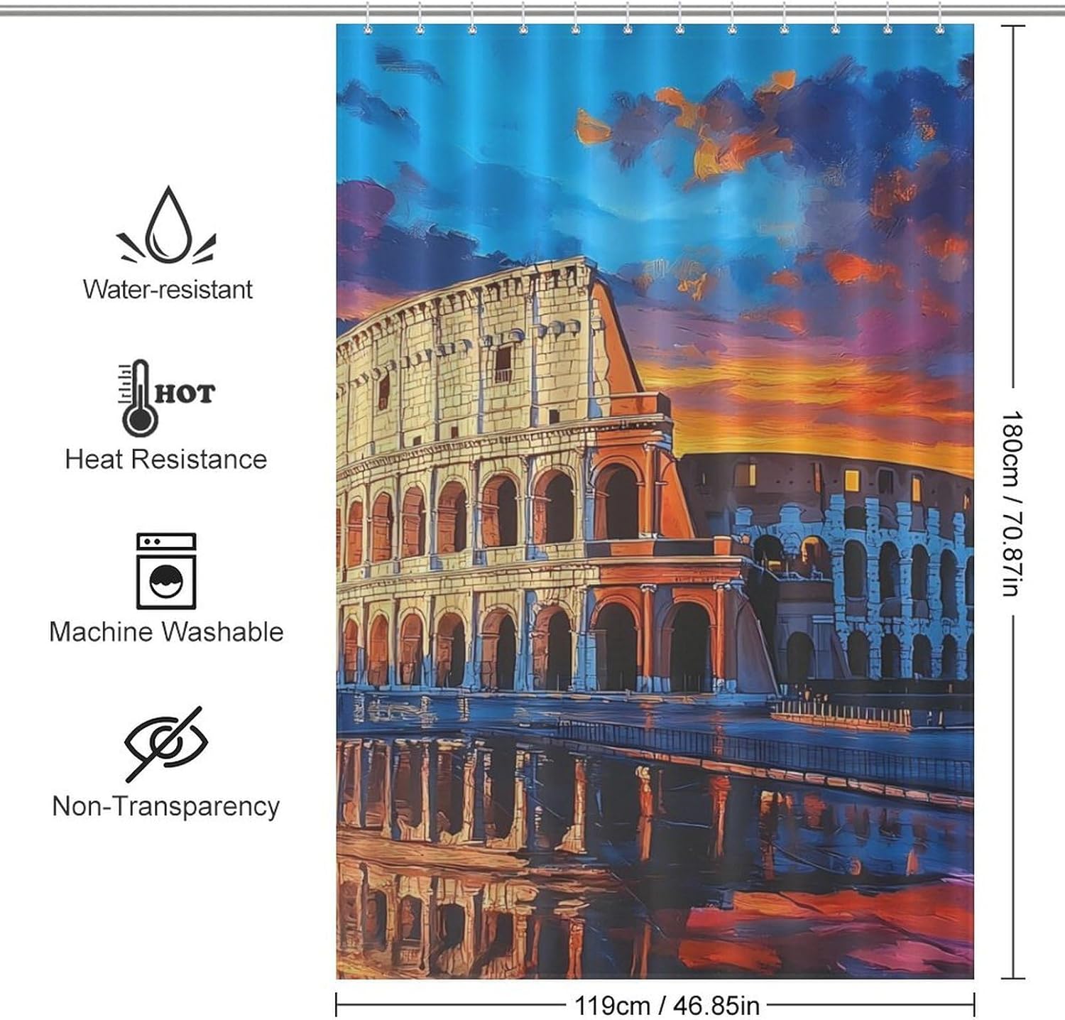 Rome in Sunset Painting Bath Curtain Waterproof Shower Curtains with Hooks for Bathroom Showers and Bathtubs 46.85x70.87Inch（119x180cm）