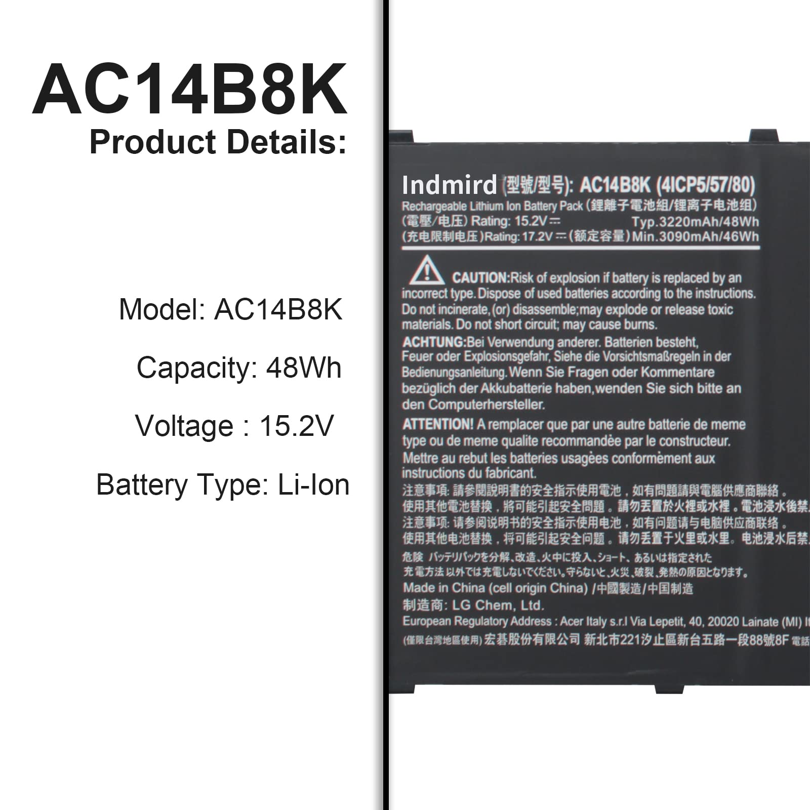 Indmird AC14B8K 4ICP5/57/80 Batterie pour Acer Chromebook CB3-111 CB5