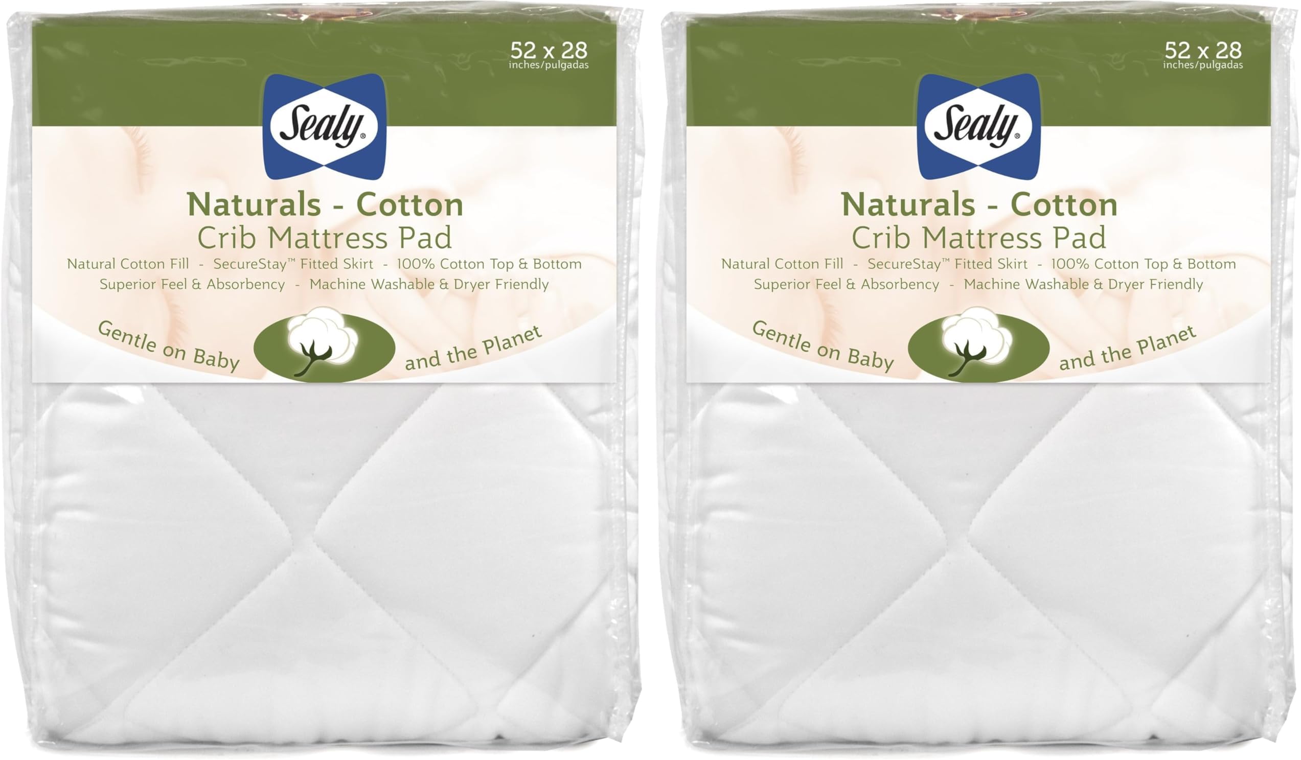 Sealy Baby Naturals Cotton Fitted Ultra Absorbent Infant Crib Mattress Protector Pad and Toddler Bed Cover, Durable and Comfortable Topper, Machine Washable and Dryer Friendly, 52” x 28”- White
