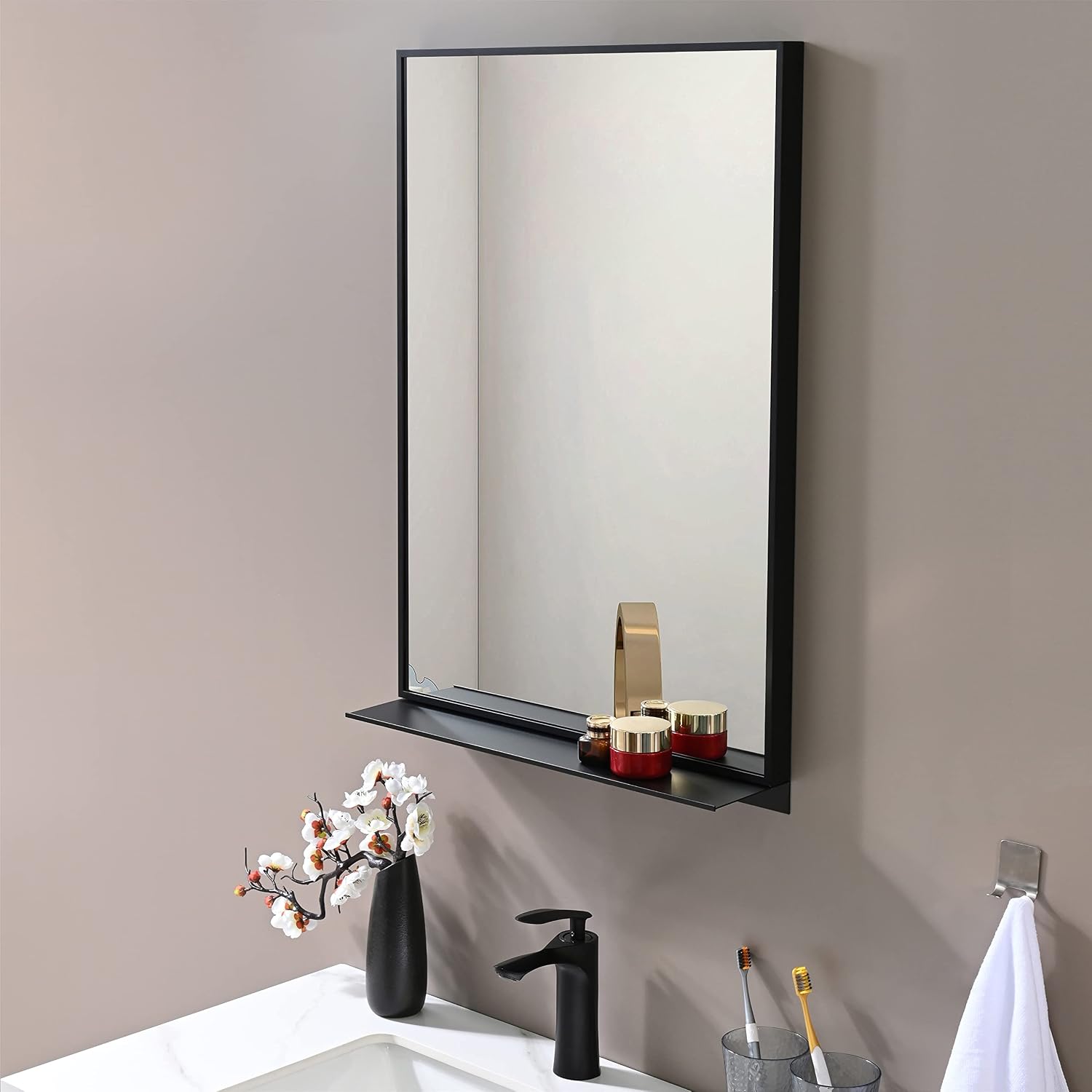 PetusHouse Framed 20'' x 28'' Rectangular Black Mirrors with Removable Shelf, Modern Wall Mirror for Bathroom, Bedroom, Living Room, Hanging Vertically