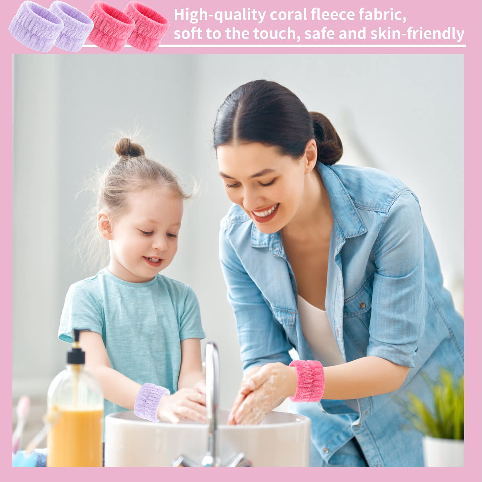Molain 4 pulseras de lavado facial de spa toallas de muñeca de microfibra para lavar la cara, pulseras elásticas faciales absorbentes de maquillaje toallas de muñeca para mujeres (morado claro rosa)