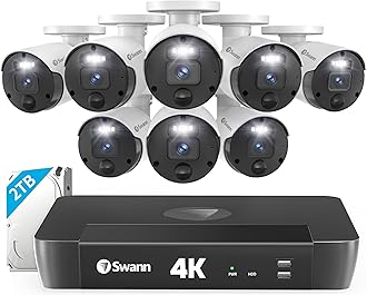 Swann 4K Master Security Camera System, 8pcs PoE Bullet Cameras, 8CH Cat5e Wired NVR System with 2TB HDD, Sensor Spotlights, Color Night Vision, 24/7 Home Surveillance, True Detect, Indoor/Outdoor