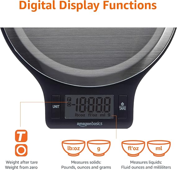 Amazon Basics Digital kitchen scales with LCD display (with batteries), Black and Stainless Steel, BPA free, Weighs up to 11 pounds