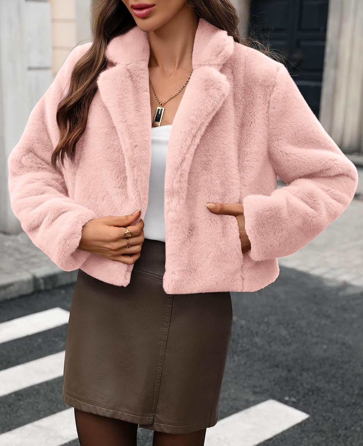 Women's Cropped Lapel Faux Fur Jacket Warm Long Sleeve Winter Fluffy Coat with Pockets - Image 2