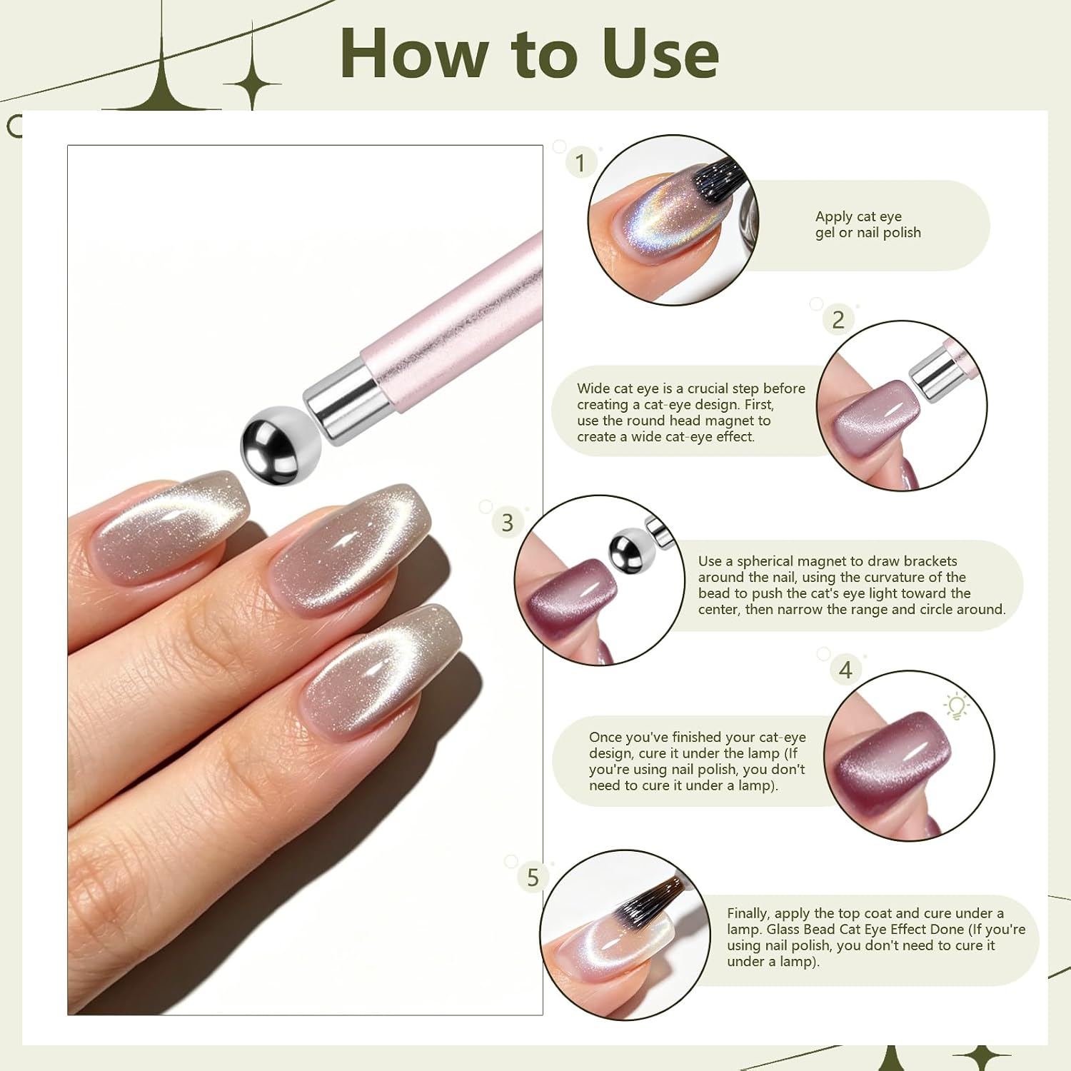 2 Pcs 3-in-1 Cat Eye Magnet Nail Art Tool,Cylindrical & Ball Magnet Nail Art Pens, Multi-Effect Magnets for Cat Eye Gel Polish DIY at Home Salon (Pink&Purple)