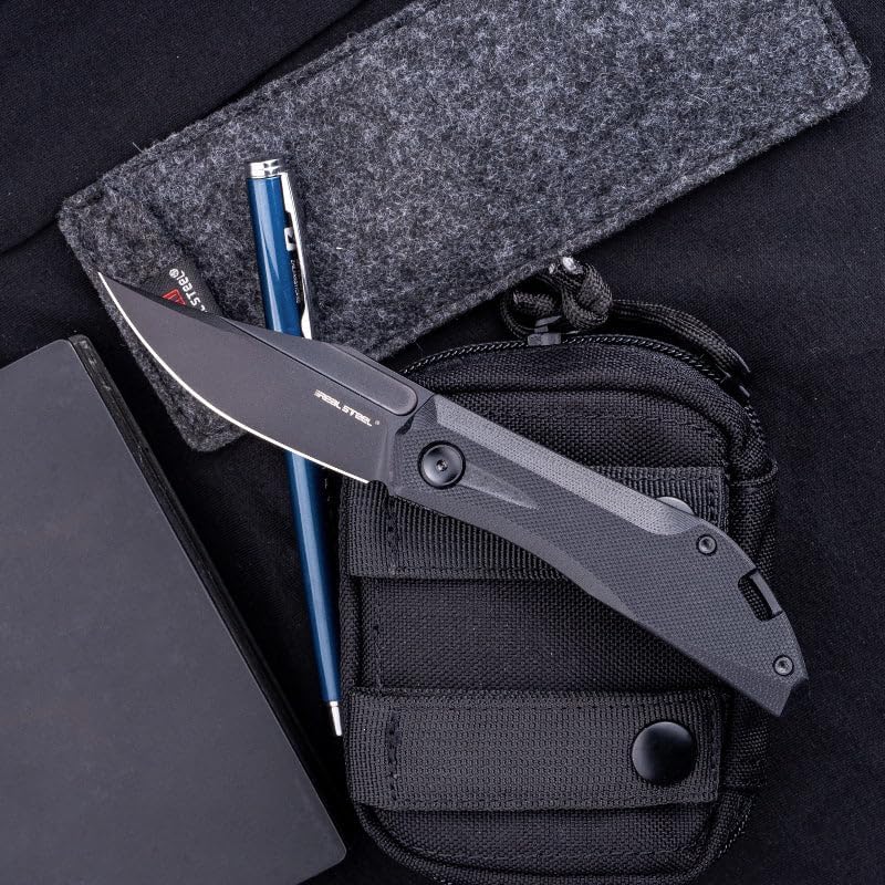 REALSTEEL Ventus Lite Folding Knife,Pocket Knife,Global Original ATS Slipjoint,Nail Nick,3.03" D2 Black PVD Blade,2.59 Oz,G10 Handle,Bowie Blade,Pocket Clip,Versatile Outdoor Indoor EDC(Black Black)