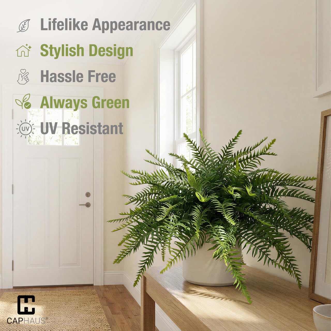 CAPHAUS Artificial Boston Fern Topiary Set of 2 with White Pots – 21" Realistic Fern Potted Plants | UV Resistant Faux Boston Ferns for Indoor Outdoor Porch, Front Door, Home Office Decor