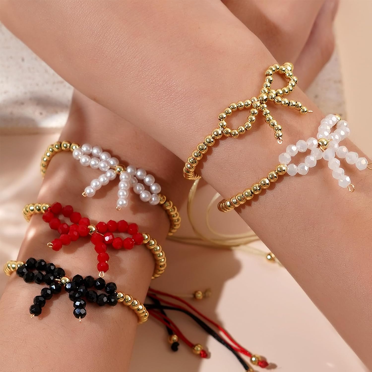 Gold Bead Bow Bracelets for Women, Adjustable Gemstone Pearl Beaded Jewelry Gifts - Image 6