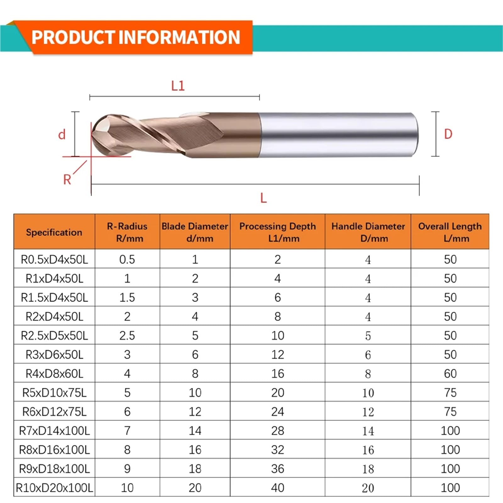 Fresa de punta de bola HRC55, fresa de carburo, broca enrutadora for metalurgia, herramientas de torno CNC, Metal de acero de tungsteno(R6xD12x75L)