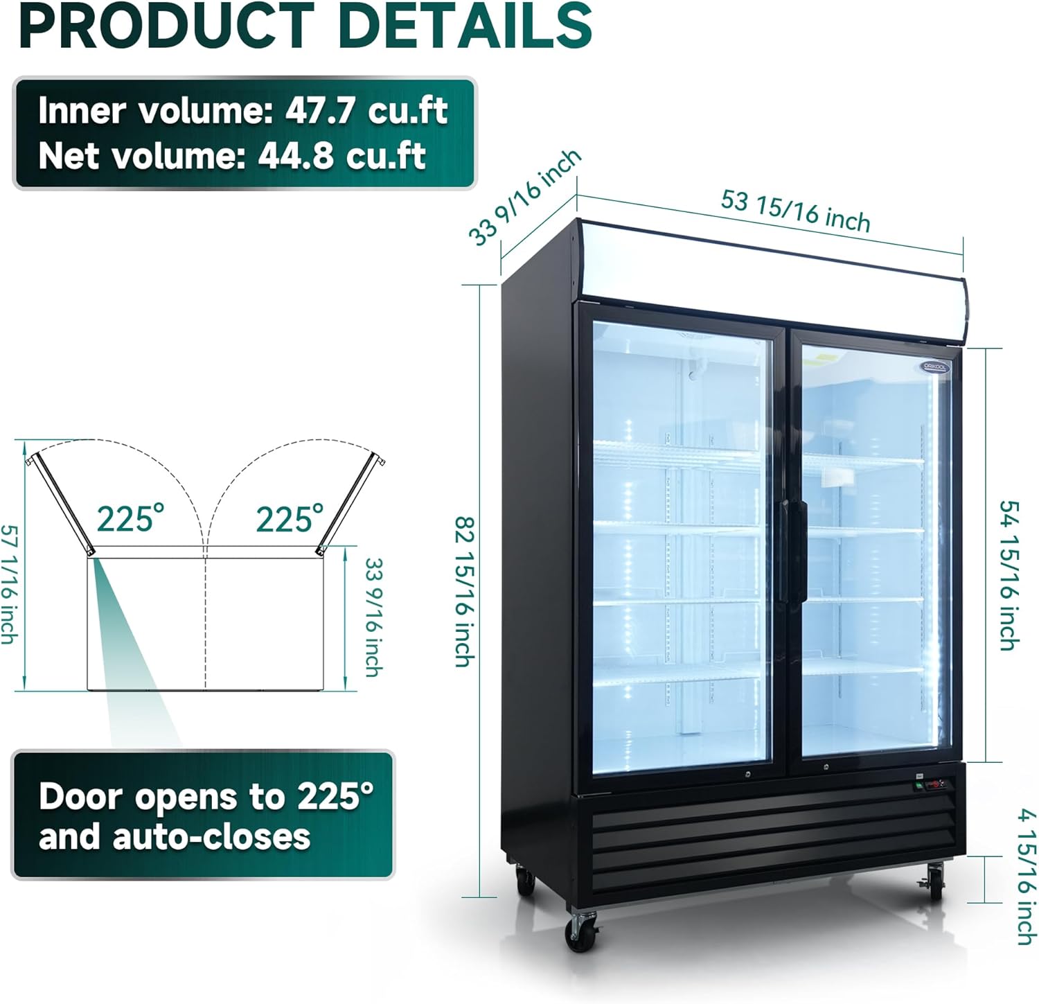 Diagram showing the dimensions of the ORIKOOL commercial freezer, including height, width, and depth, and the 225-degree door opening angle.