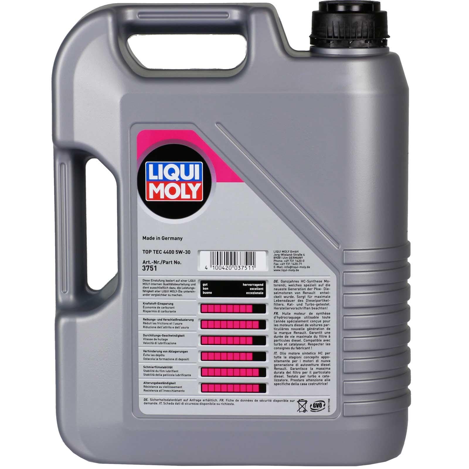 LIQUI MOLY Aceite de motor 5W-30 Top Tec ACEA C4 4400 5L Compatible con NISSAN Qashqai II J11, J11, RENAULT Megane 3 Grandtour KZ0/1 Clio 4 Grandtour KH, MERCEDES-BENZ Clase C T-modell S204 | 3751, Top Tec 4400 5W-30