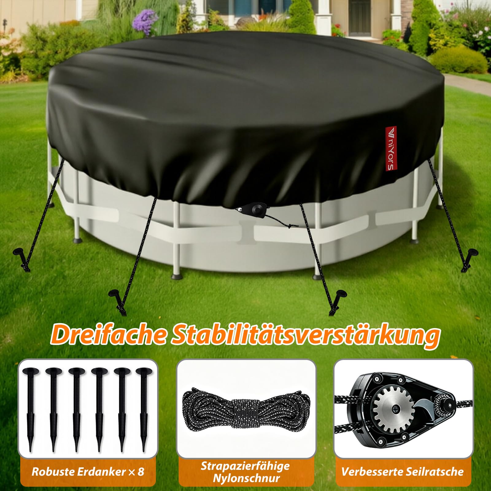 Copertura Invernale Piscina 366, Spessore Pesante 420D Pu Telo Copri Piscina, Anti-UV, Anti-Strappamento, Telo Copri Piscina Fuori Terra Con Corda Di Tiratura E Chiodi