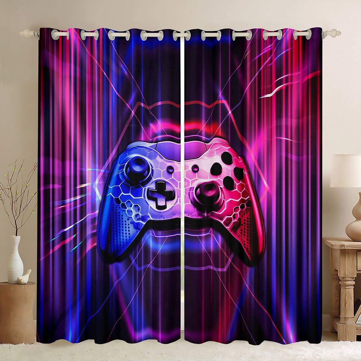 Manfei Gaming Blackout Curtain Blue and Red Games Controller Window Treatments, Children Gamepad Window Drapes for Kids Teens Room Decor Grommet Top 2 Panel Set Bedroom Curtains, 66Wx90L inch โ image 1