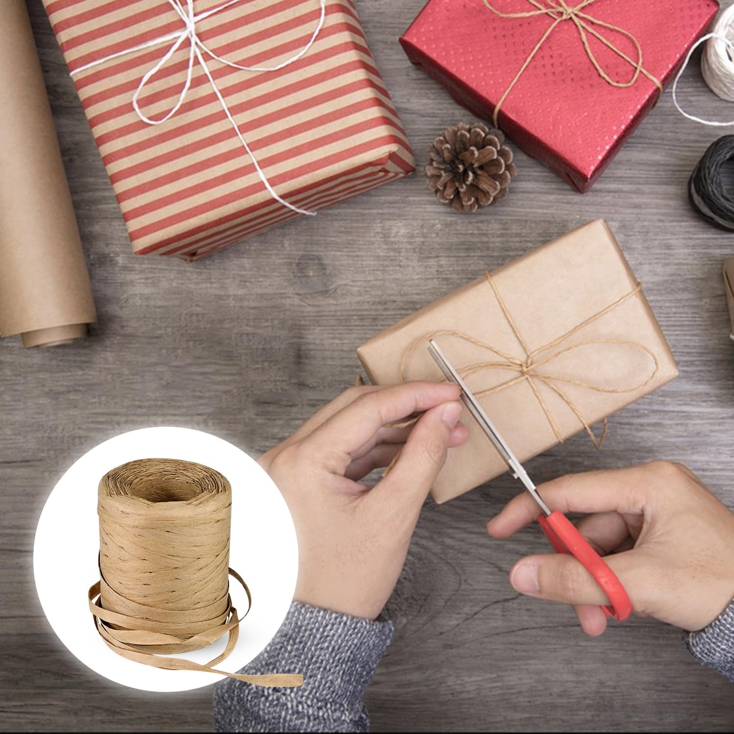 Natural Raffia Paper Ribbon Twine - 1/4 Inch x 218 Yards | Packing Paper Twine String for Gift Wrapping, Florist Bouquets, DIY Crafts, Christmas Crafts and Craft Ribbon for Crochet