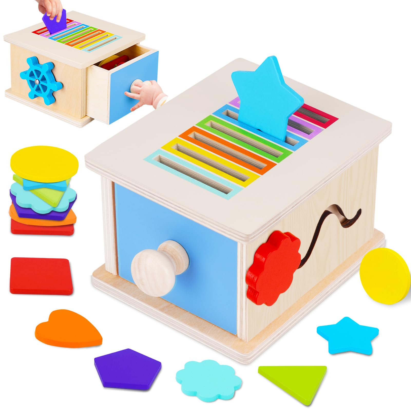 FCSONU Toddlers Montessori Coin Box Toys for 1 2 3 Year Old Girls Boys, Wooden Baby Toys for Toddlers 1-3, Color Sorting Stacking Sensory Toys for Ages 2-3, Easter Birthday for Kids