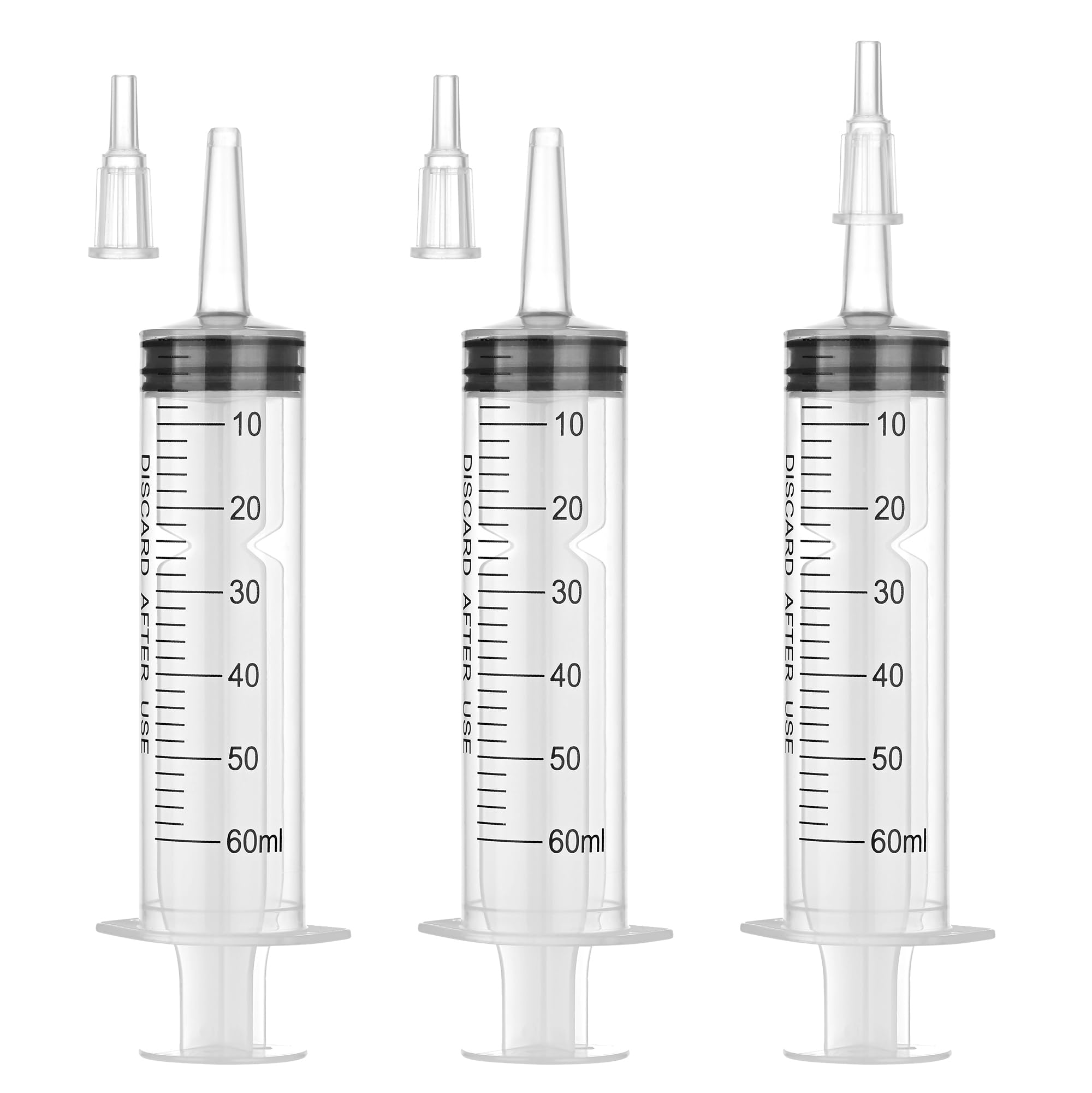 60mL Plastic Syringe for Liquid - 3 Pack Large Syringes with Adapter for Scientific Labs, Feeding, Oil Filling, Individually Wrapped