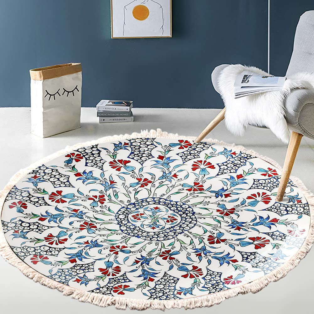 Bawełniany dywan w stylu vintage, boho, wzór mandali, nadaje się do prania, ręcznie tkany okrągły dywan z frędzlami, do sypialni, korytarza, salonu, stolika kawowego, mata dla stóp, można prać w pralce, 120 cm, kwiaty #14