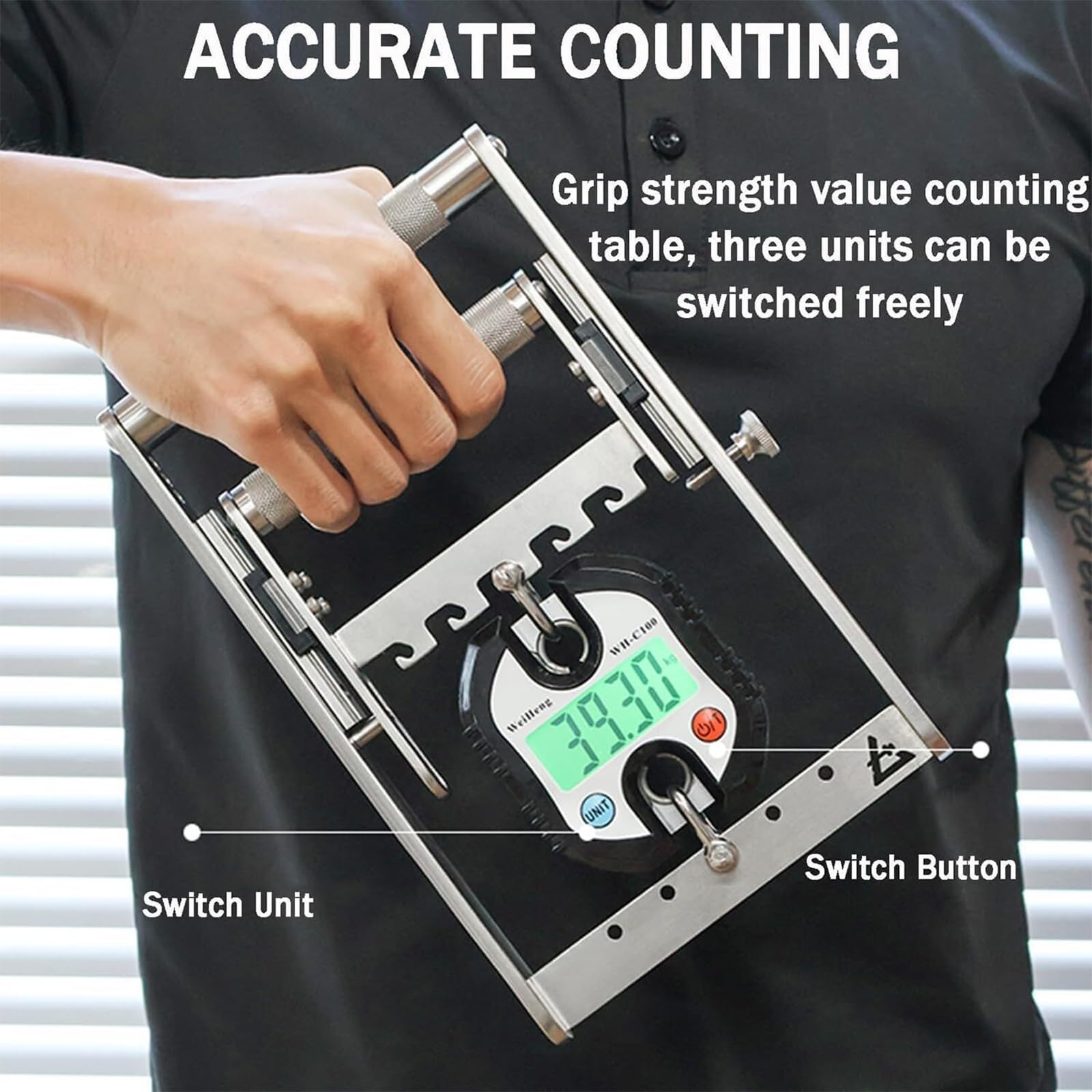 Probador Digital de Fuerza de Agarre, Pinza de Mano de Acero Inoxidable con 5 resortes, dinamómetro de Fuerza de Agarre, Carga máxima de 150 kg, para Ejercicios de musculación y rehabilitación