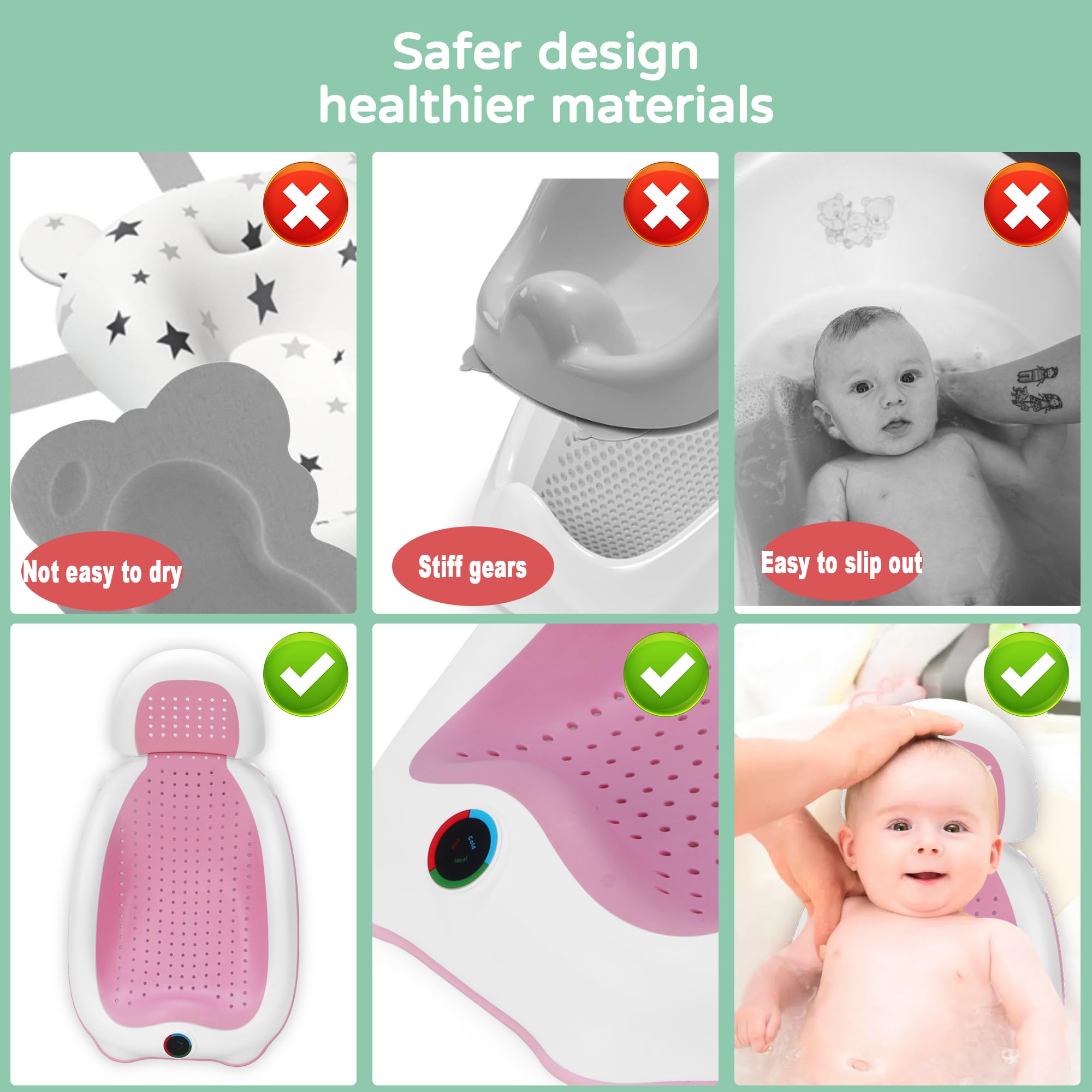 babove Soporte de baño para bebé | Bañera recién nacida, diseñada ergonómicamente con termómetro, bañera plegable para bebé, bañeras de bebé para bañeras de bebé esenciales para recién nacidos (rosa)
