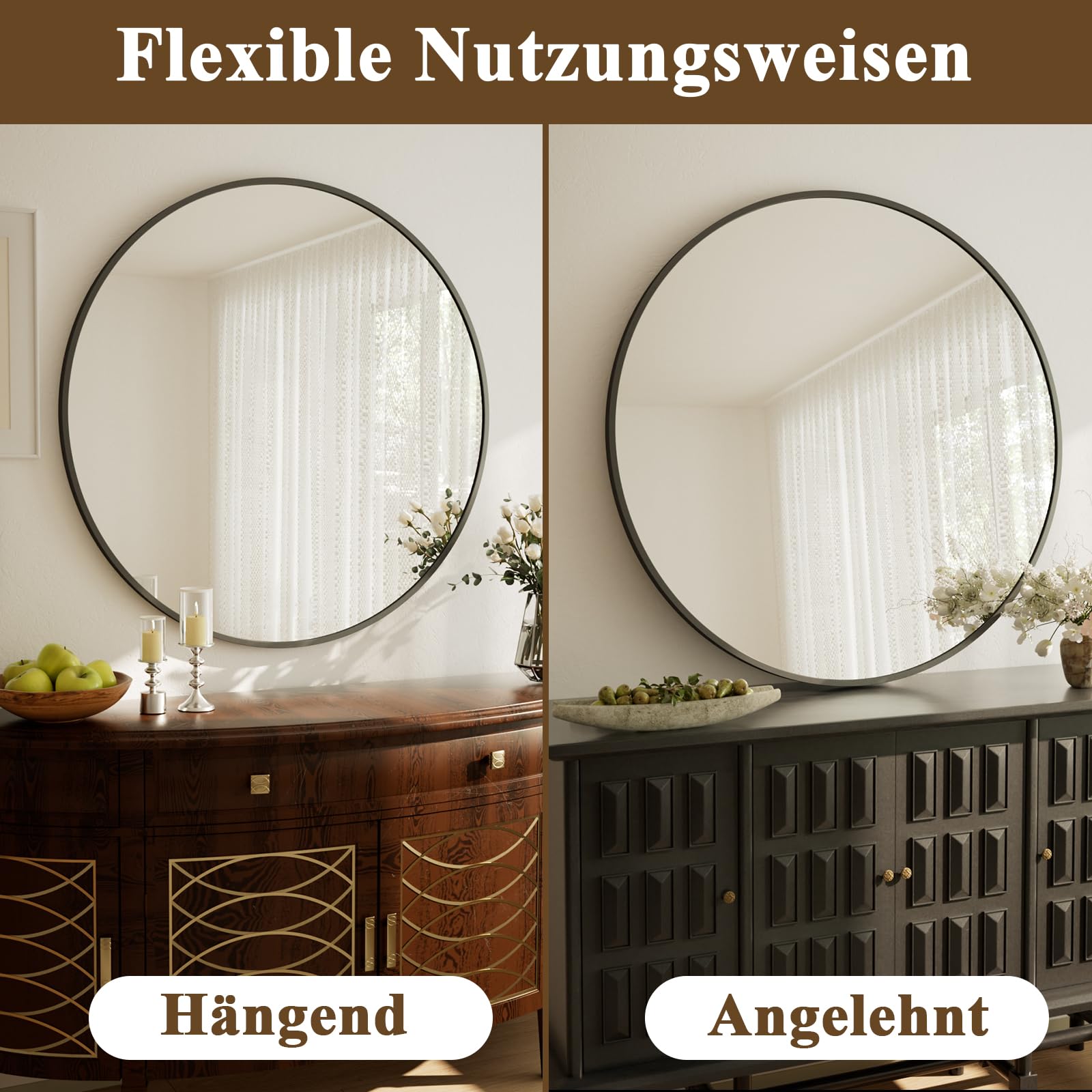 Spiegel Rund Schwarz 122cm, runder Wandspiegel mit Aluminiumrahmen, Einfache Montage, Modern Spiegel zum Aufhängen und Anlehnen für Badezimmer, Wohnzimmer, Schlafzimmer