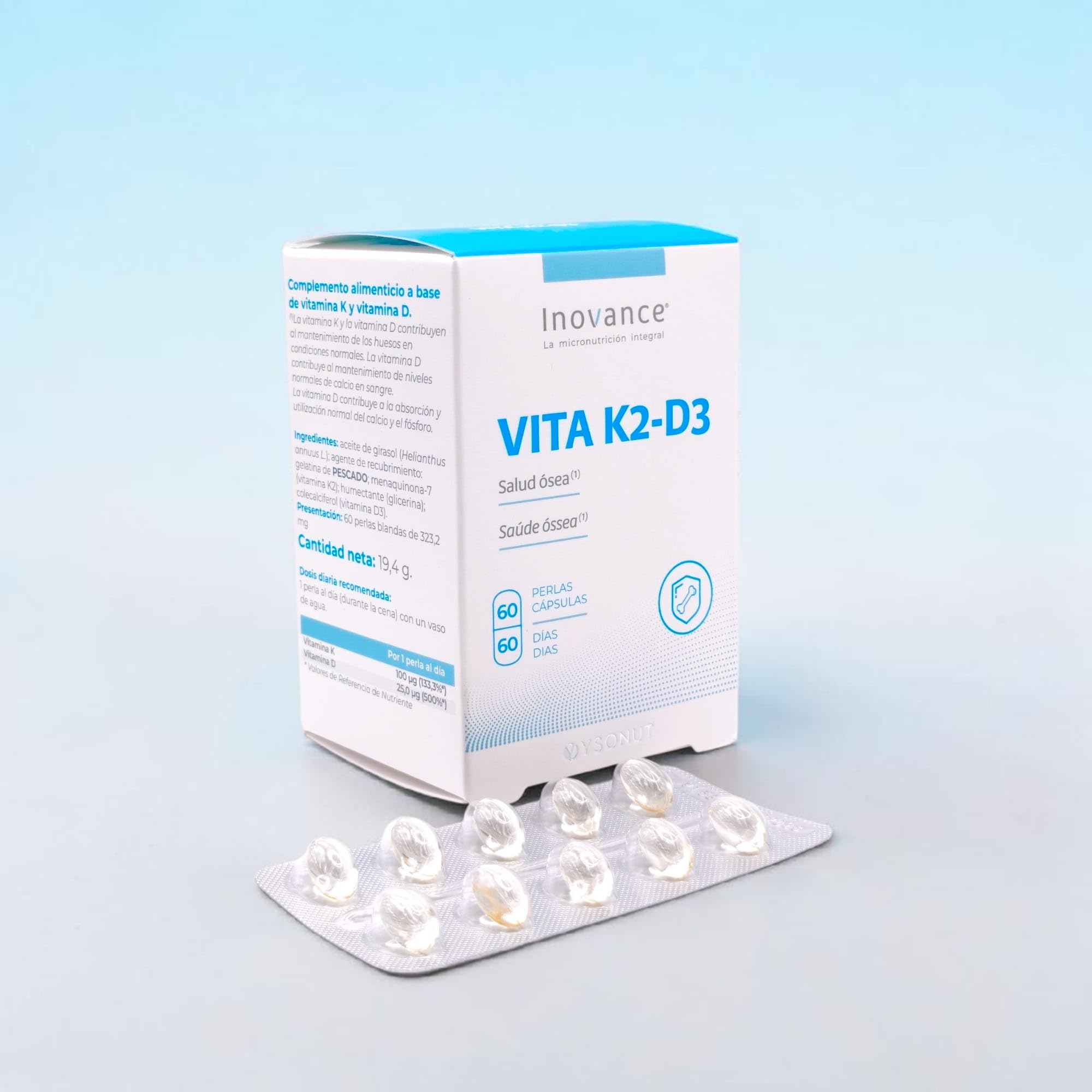 Inovance Vita K2-D3 60 Perlas - Suplemento de Vitamina D3 y Vitamina K2 - Salud Ósea y Cardiovascular - Fija el Calcio en los Huesos y Apoya el Sistema Inmunitario - Alta Absorción