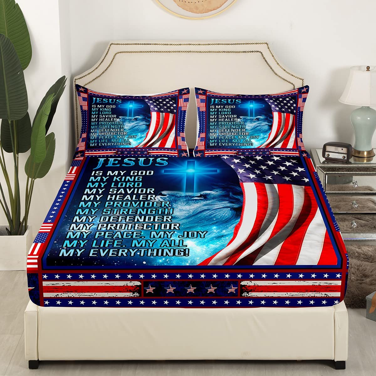 Healing Fitted Sheet Full American Flag Bedding Sets Adult Kids Men Vintage USA Flag Fitted Bed Sheets Inspirational Thoughts Prayers Bedding Sets Retro Wild Animal Lion Bedding, No Flat/Top Sheet