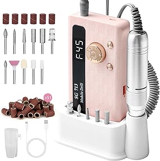 Electric Nail File Professional Kit - 45000RPM Portable Nail Drill Electric File with 11 Bits & Base丨LED Screen丨Ultra-Silent, Rechargeable Nail Drills Machine for Acrylic Nails Gel Polishing (Pink)