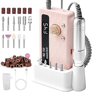 Electric Nail File Professional Kit - 45000RPM Portable Nail Drill Electric File with 11 Bits & Base丨LED Screen丨Ultra-Silent, Rechargeable Nail Drills Machine for Acrylic Nails Gel Polishing (Pink)