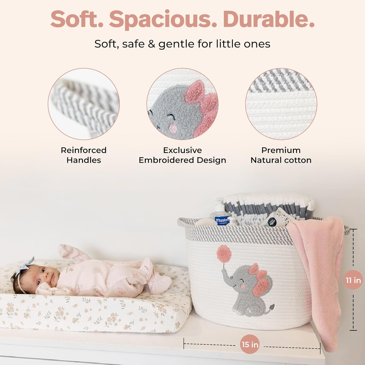 Elephant Storage Basket for Nursery – Large 15”x11” Cotton Rope Bin with Soft Felt Elephant Patch – Toy Organizer, Baby Laundry Hamper, Diaper & Towel Holder – Foldable, Washable & Baby-Safe