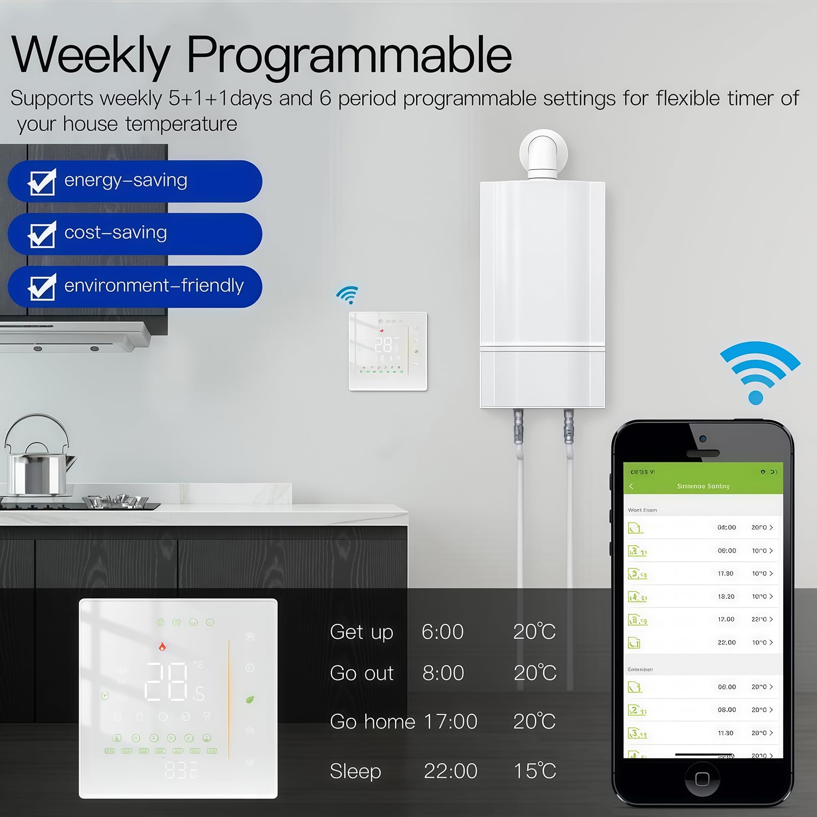 006 Serie WI-FI Termostato - Termostato Programmabile Touch Screen per Riscaldamento Acqua/Elettrico/Caldaia - Controllo Remoto Tramite Cellulare Funziona con Alexa, Google Home, IFTTT