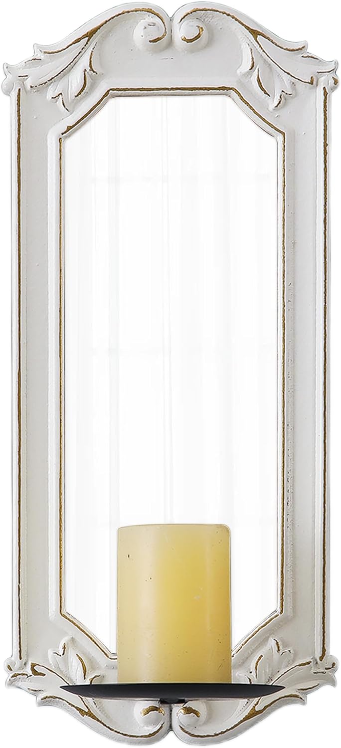 SOFE White Candle Wall Sconce with Mirror, Wood Framed Wall Candle Holder